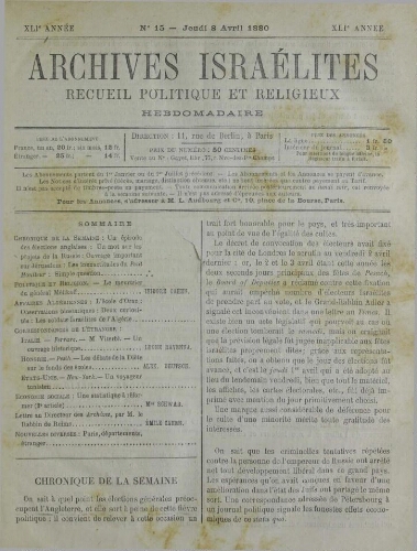 Archives israélites de France. Vol.41 N°15 (08 avr. 1880)